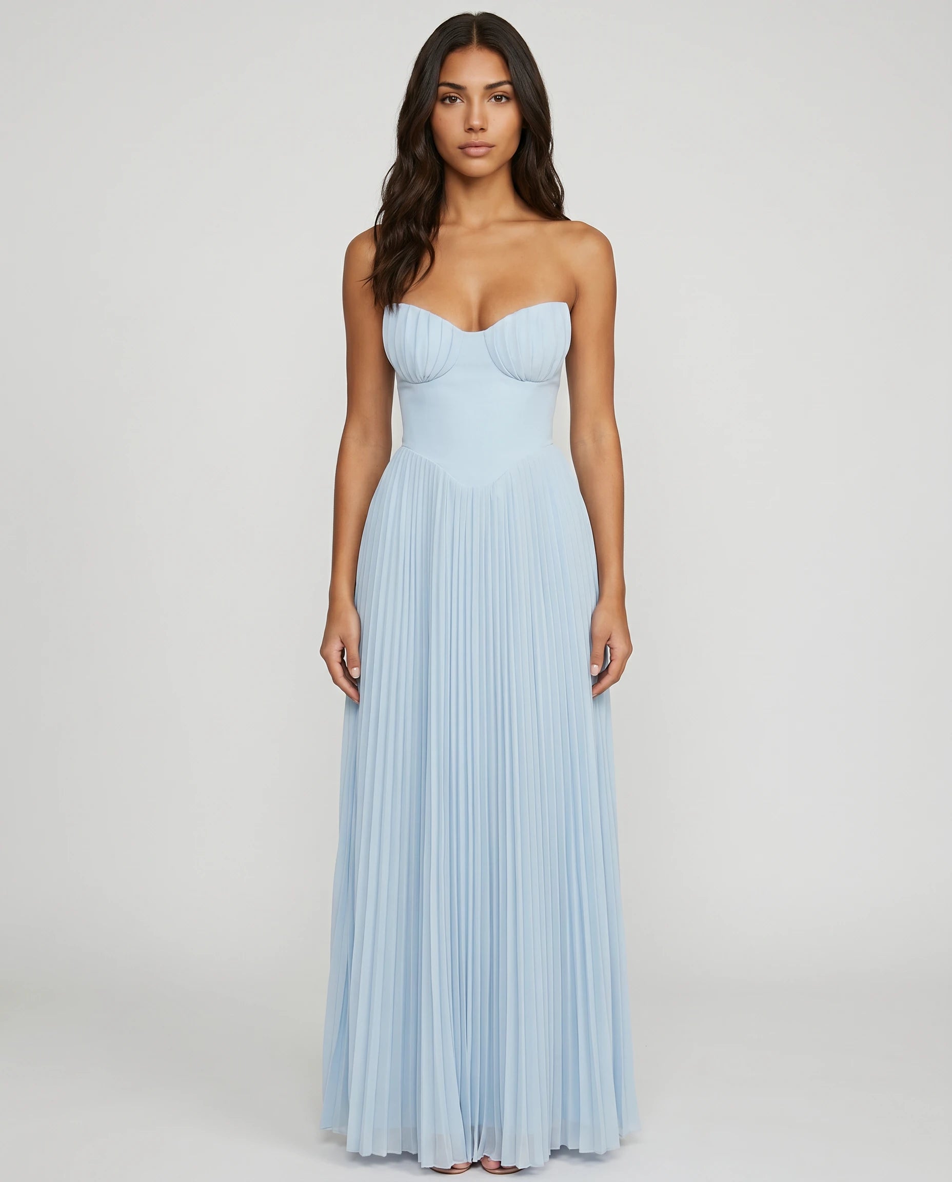 Robe longue plissée bleu ciel à bustier sculpté Ondine Zolena