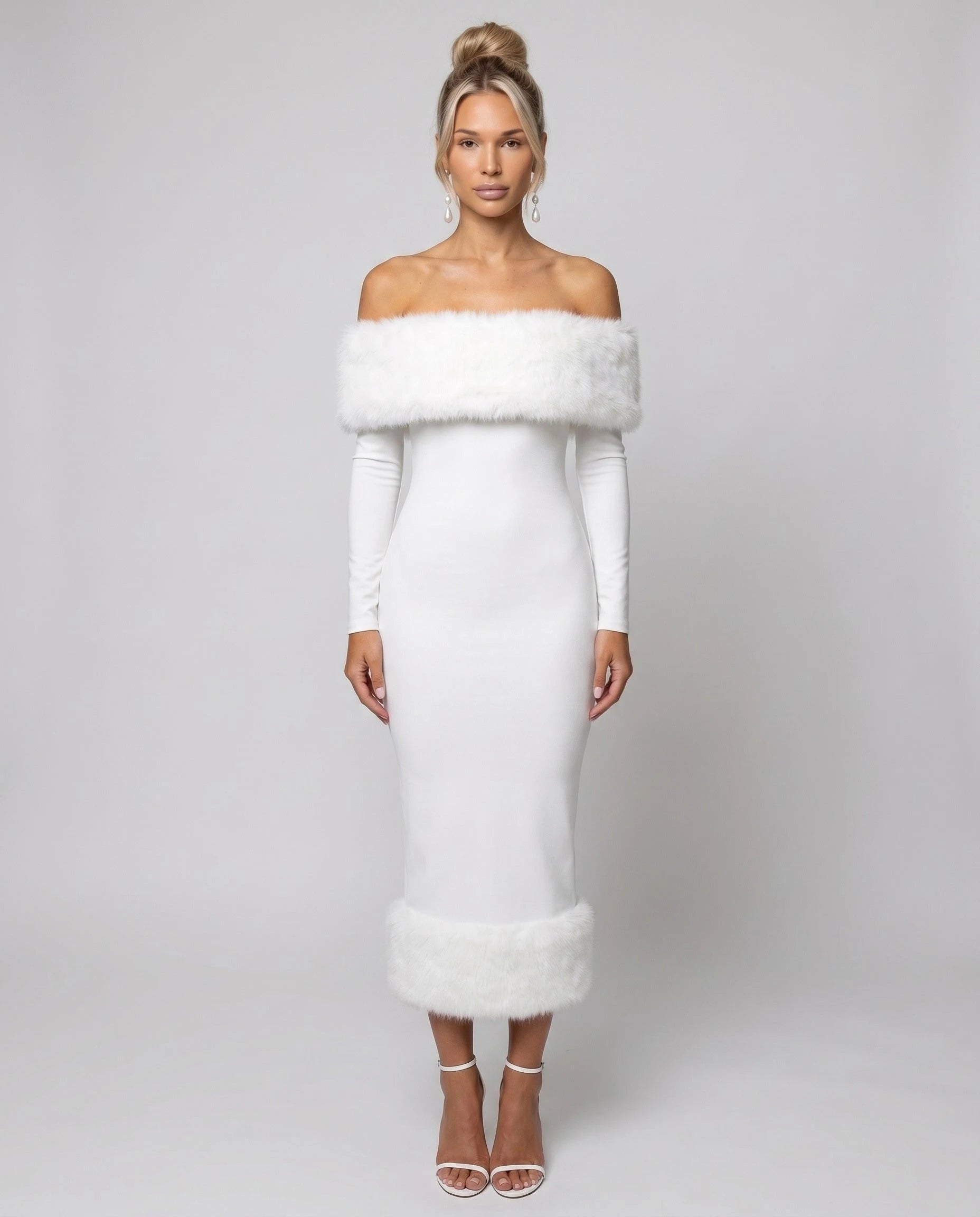 Aurore - Robe midi bardot à bordure fausse fourrure — Aurore
