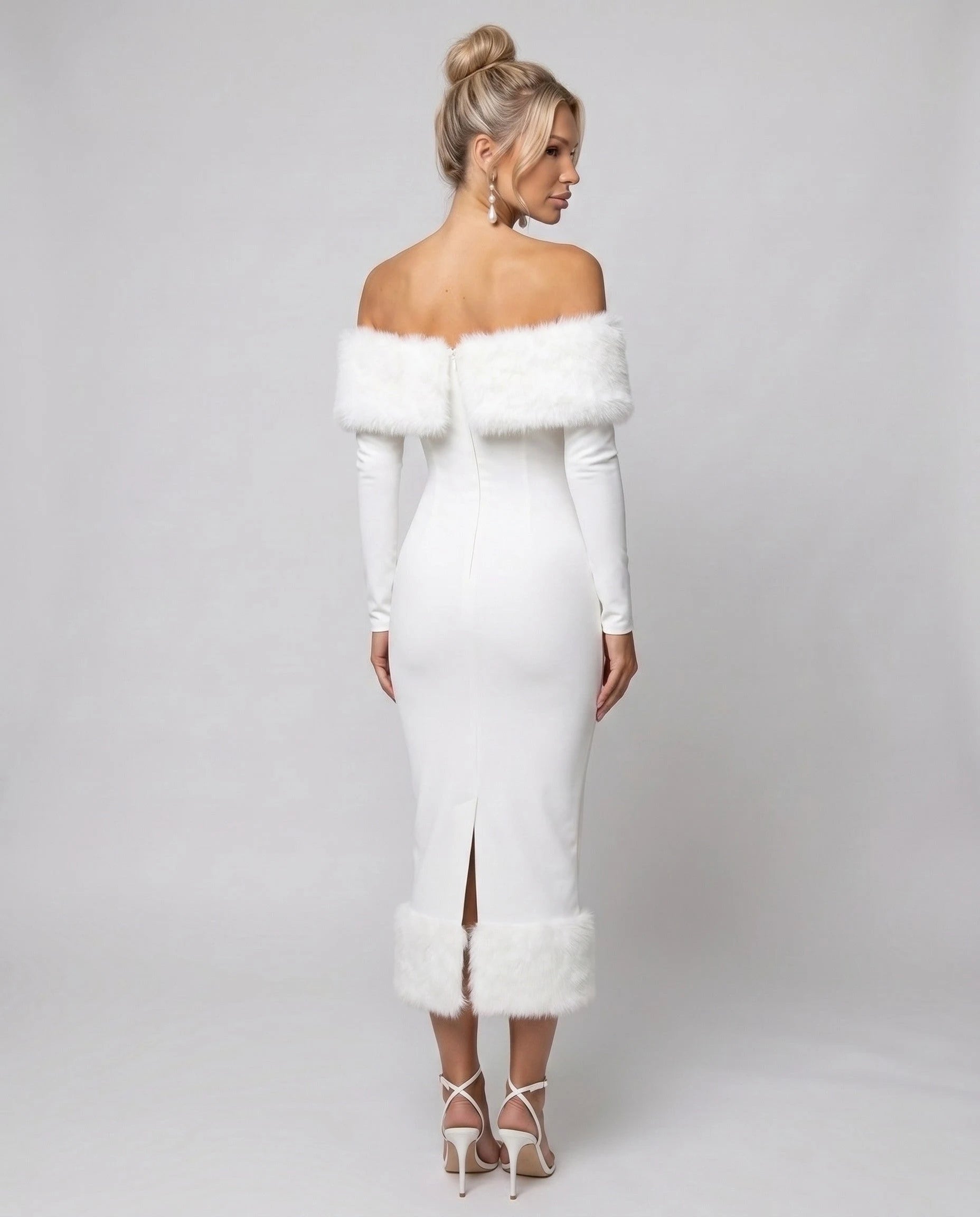 Aurore - Robe midi bardot à bordure fausse fourrure — Aurore