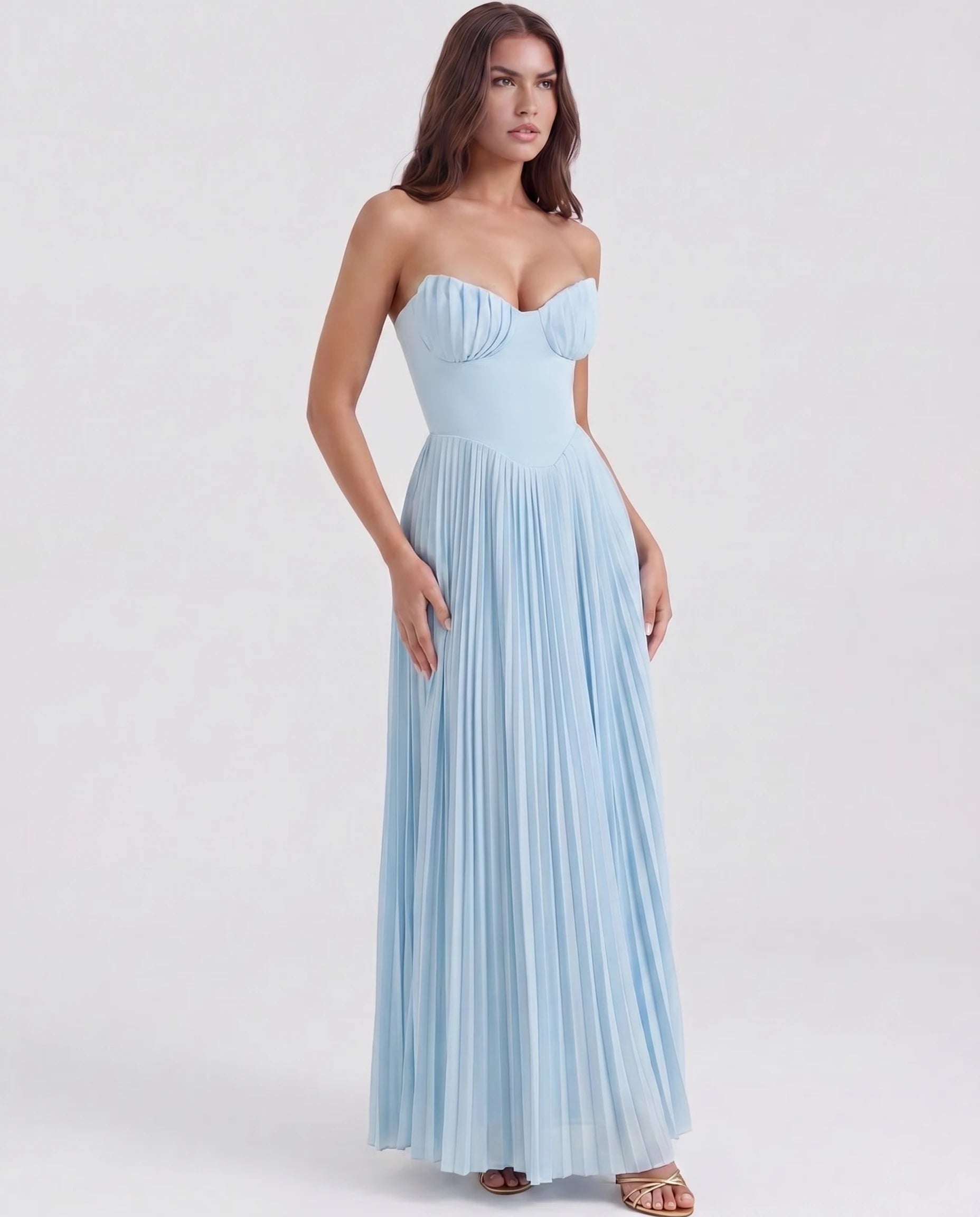 Robe longue plissée bleu ciel à bustier sculpté Ondine Zolena