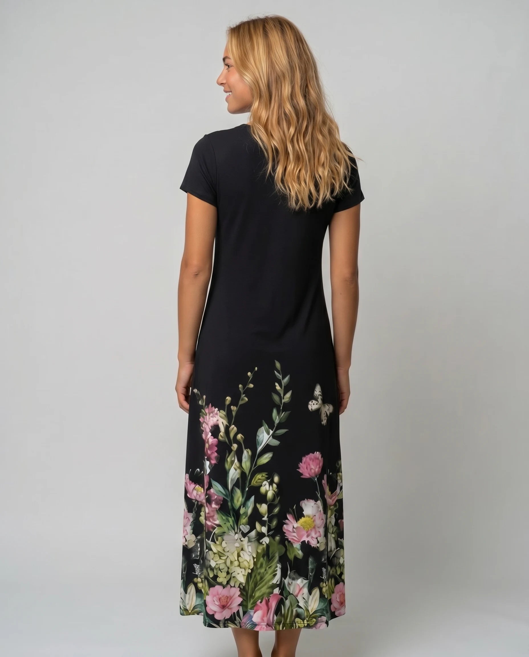 Robe longue a fleurs Pauline noire imprime botanique studio dos