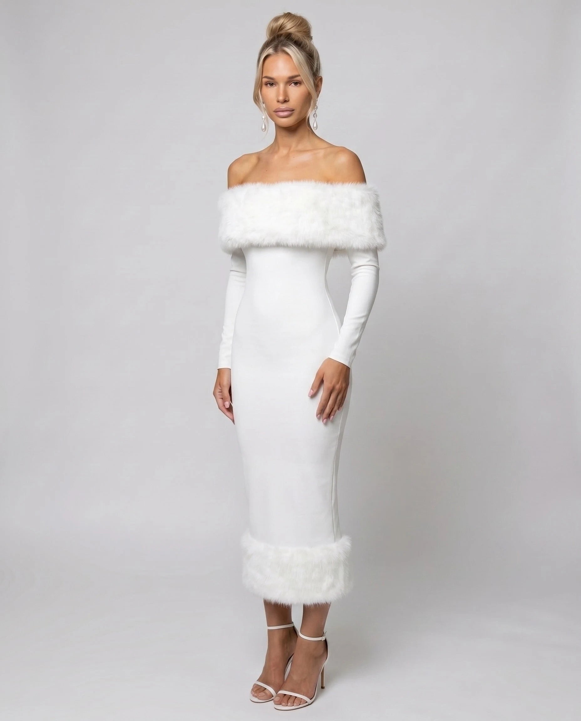 Aurore - Robe midi bardot à bordure fausse fourrure — Aurore