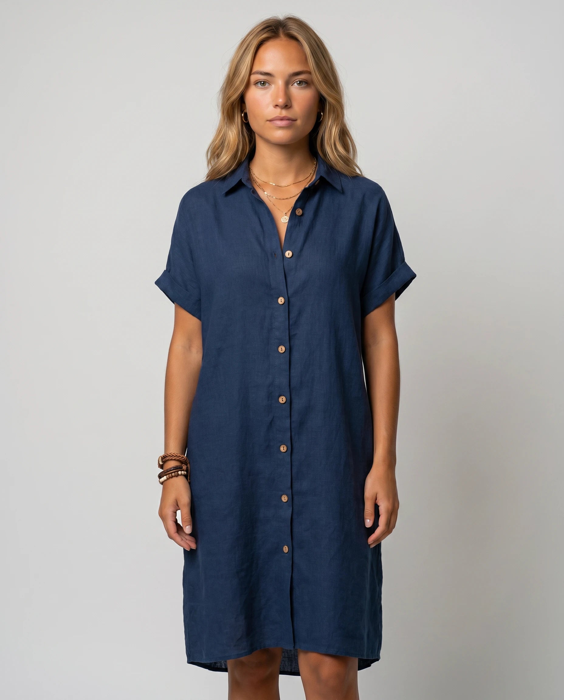 Robe chemise en lin marine Zolena boutons corozo