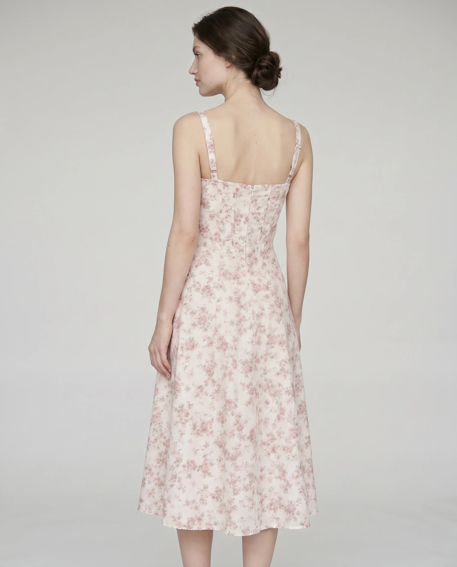 Robe midi fleurie Rosalie coloris Roses anciennes, vue de dos — Zolena