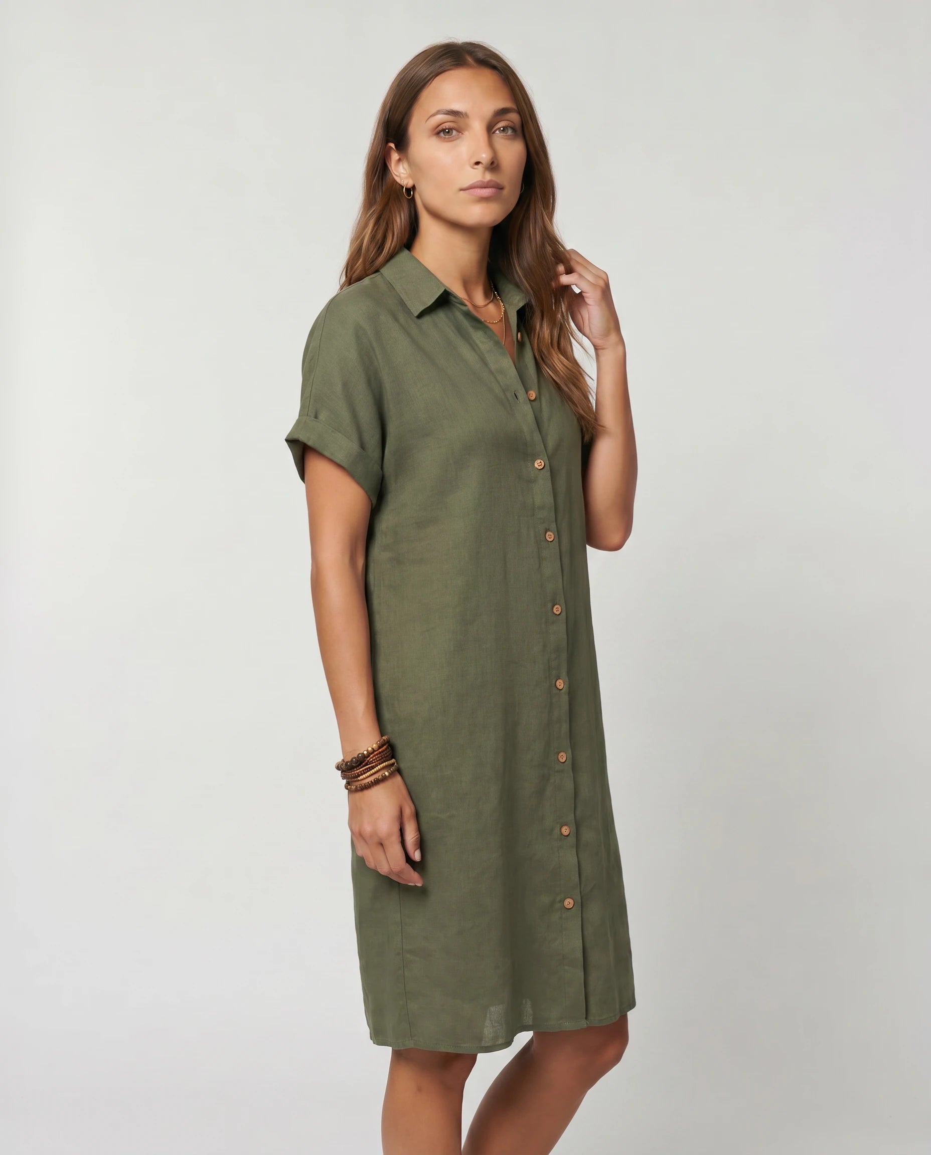 Robe chemise lin vert armee vue 3/4