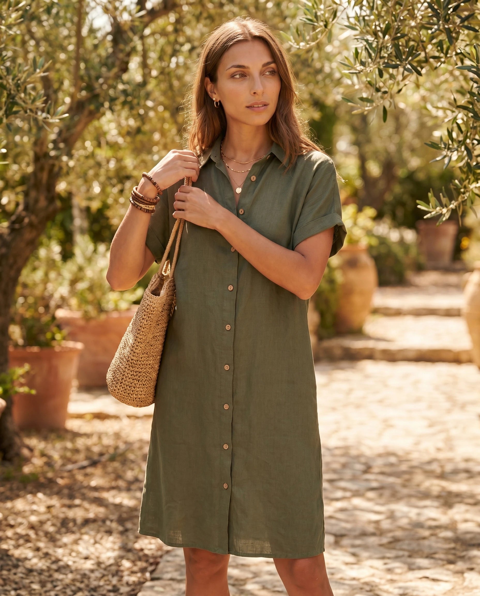 Robe chemise lin vert armee garden olive