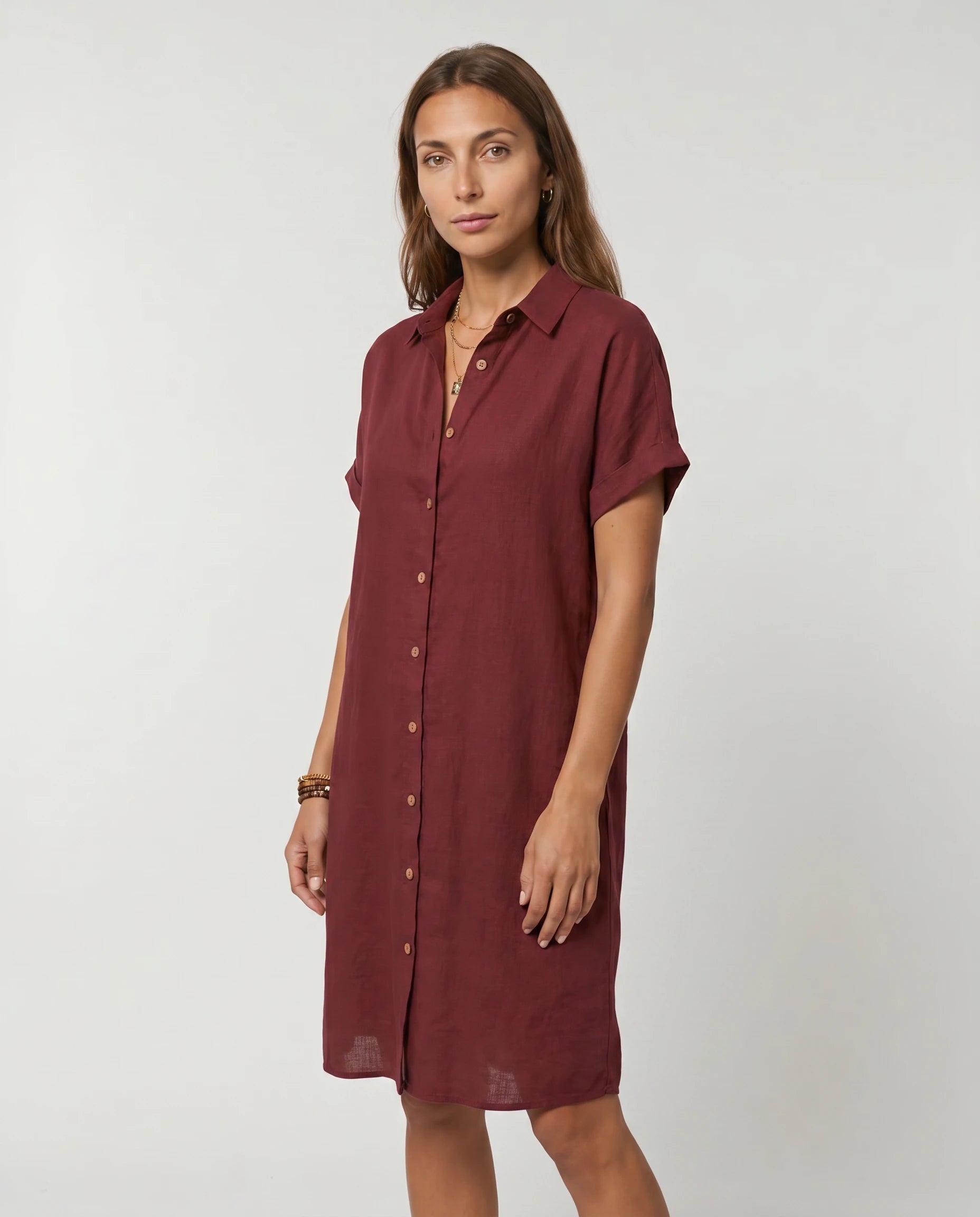 Robe chemise lin bordeaux vue 3/4