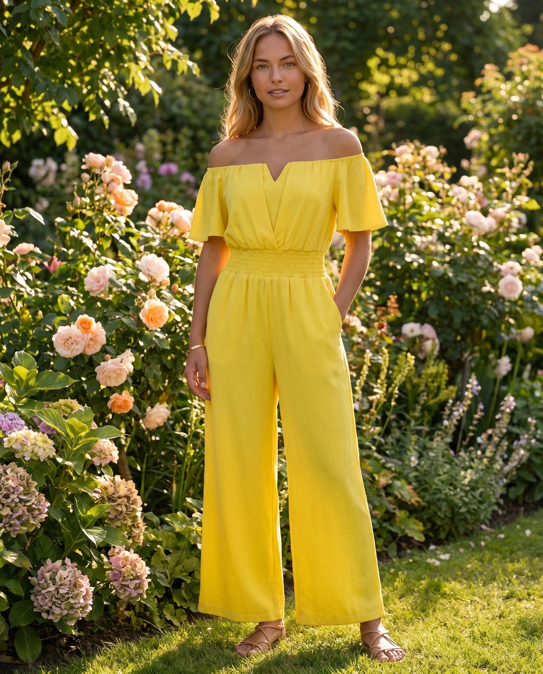 Combinaison bardot Pivoine Jaune, portee en situation