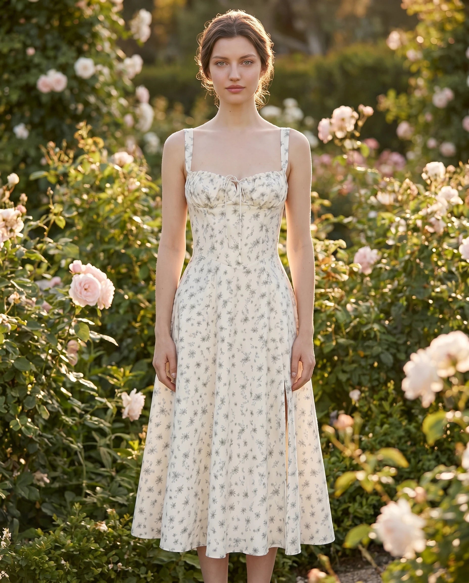 Robe midi fleurie Rosalie coloris Bleuet portée dans un jardin — Zolena