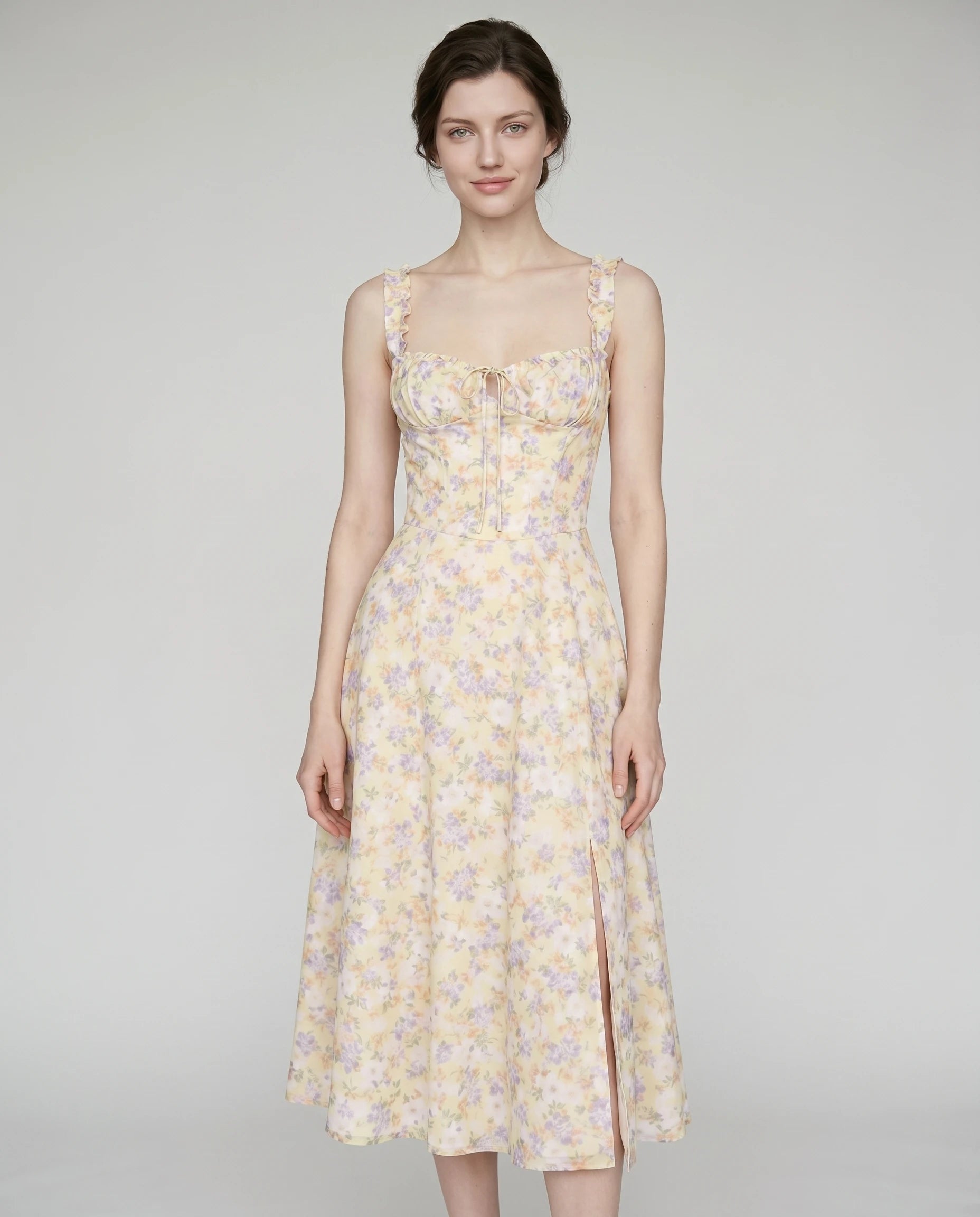 Robe midi fleurie à bustier corset Rosalie coloris Prairie, vue de face studio — Zolena
