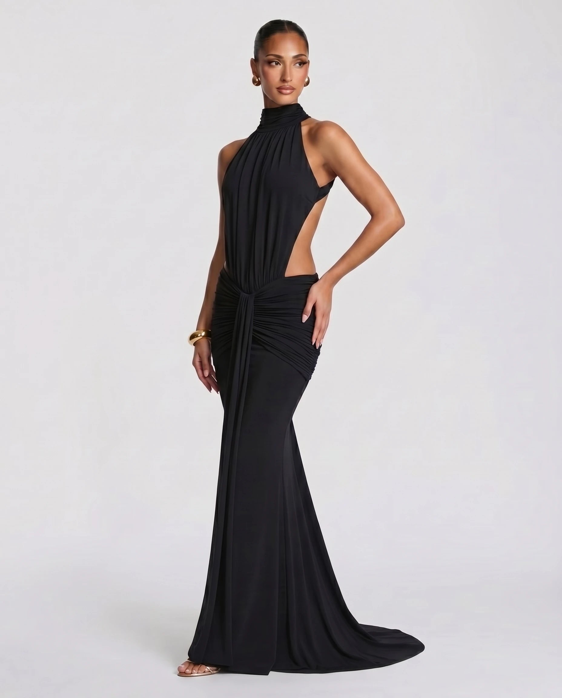 Robe longue sirène en jersey — trois quarts