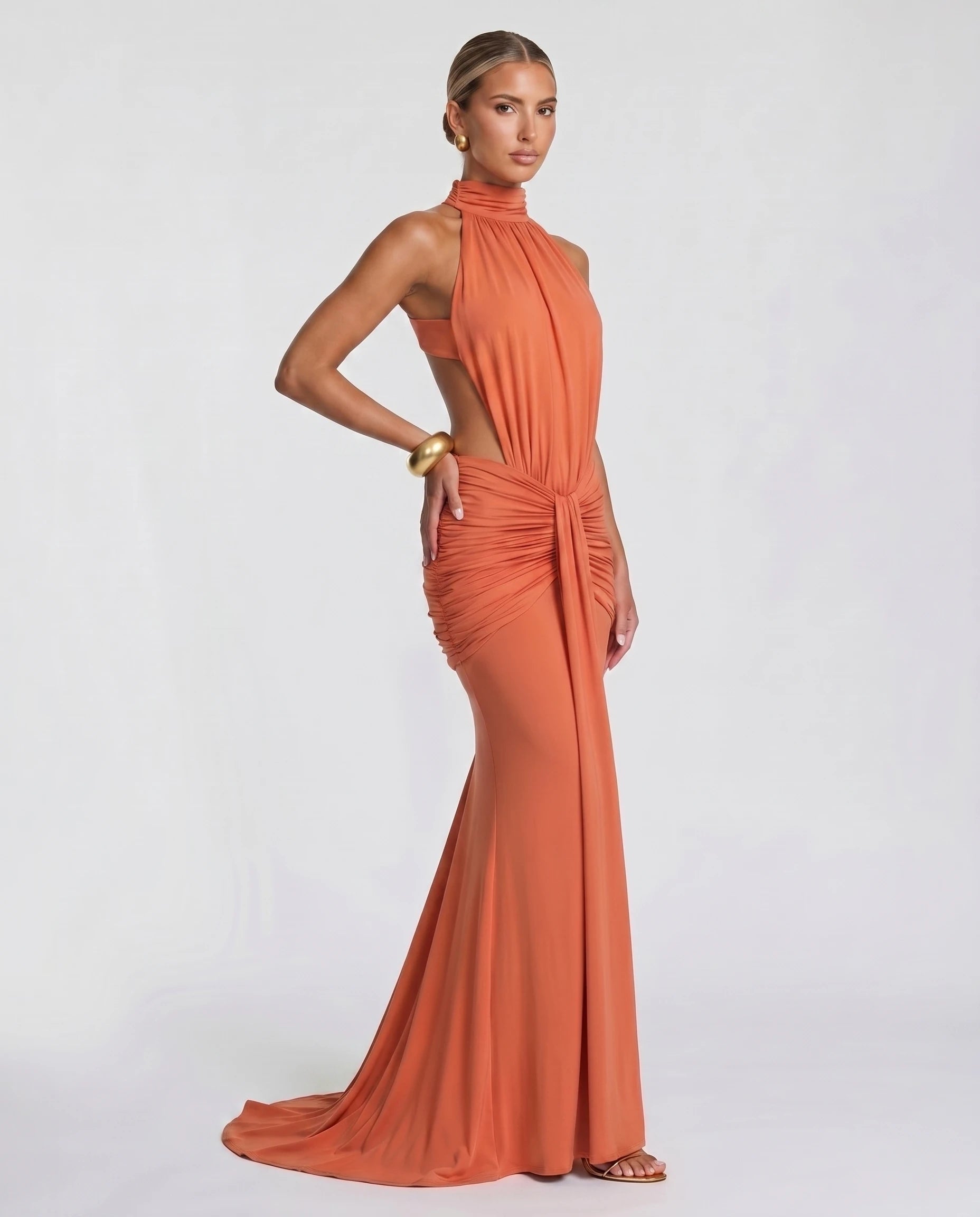 Robe longue sirène en jersey — trois quarts