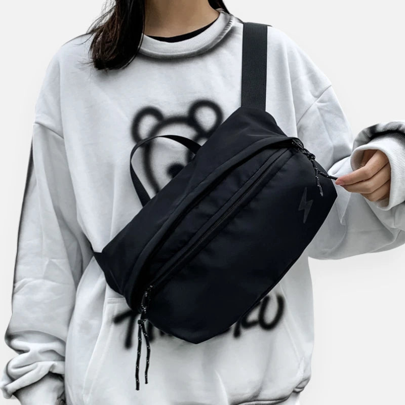 Grand sac banane en tissu noir tendance Denise