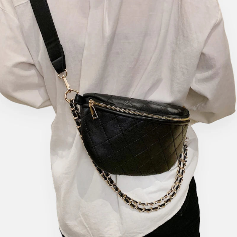 Sac banane cuir noir avec chaîne doré Diane