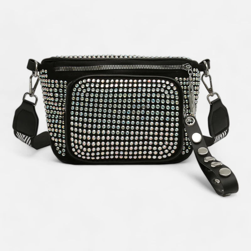 Sac banane cuir noir à bandoulière avec strass Bianca
