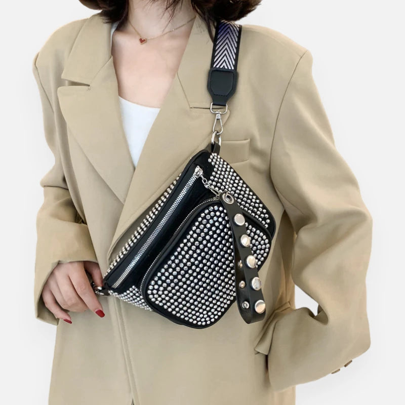 Sac banane cuir noir à bandoulière avec strass Bianca