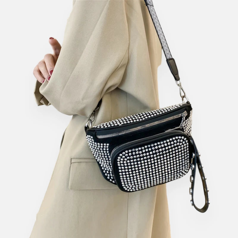 Sac banane cuir noir à bandoulière avec strass Bianca