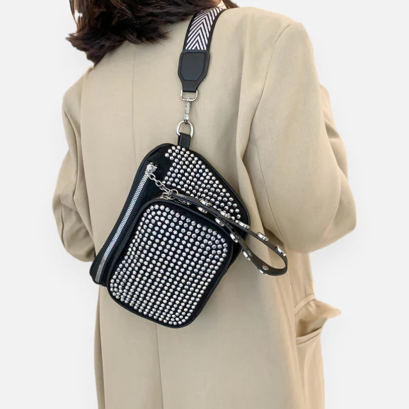 Sac banane cuir noir à bandoulière avec strass Bianca