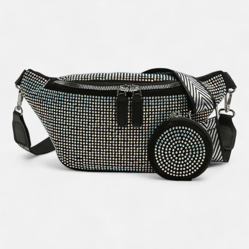 Sac banane cuir noir à bandoulière et porte-monnaie avec strass Renata