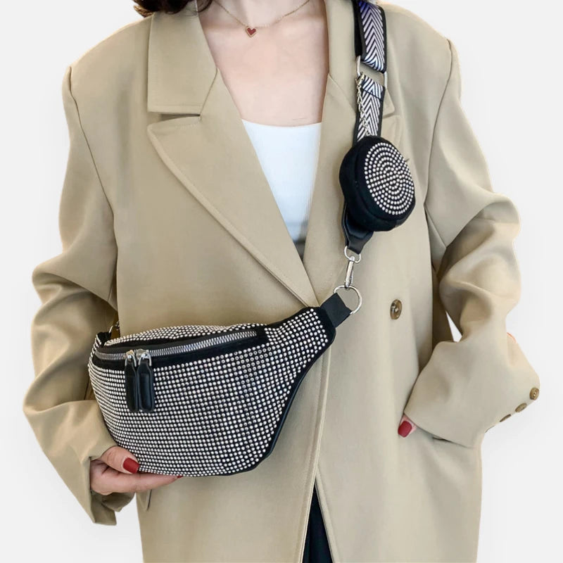 Sac banane cuir noir à bandoulière et porte-monnaie avec strass Renata