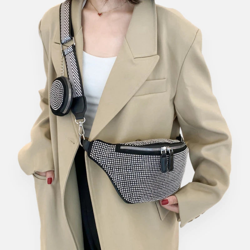 Sac banane cuir noir à bandoulière et porte-monnaie avec strass Renata