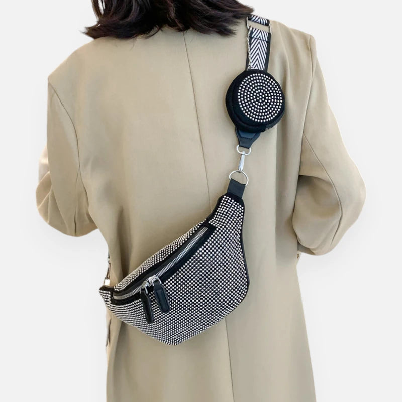 Sac banane cuir noir à bandoulière et porte-monnaie avec strass Renata