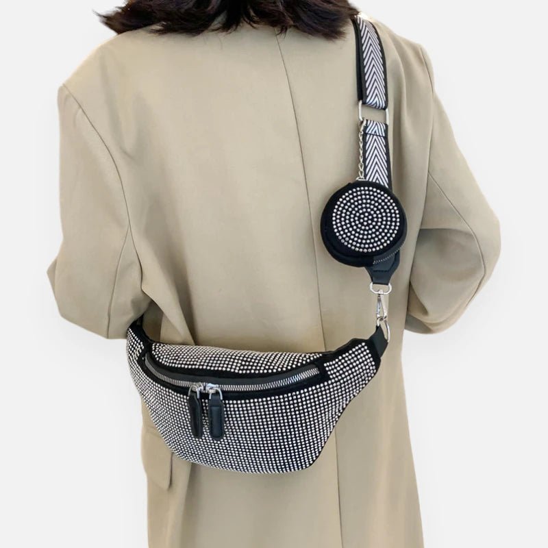 Sac banane cuir noir à bandoulière et porte-monnaie avec strass Renata