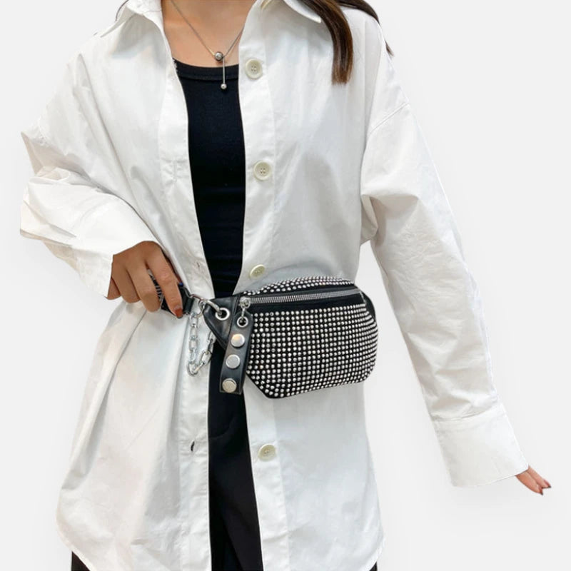 Sac banane cuir noir à bandoulière avec strass Yvonne