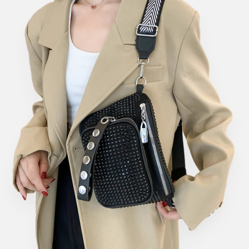 Sac banane cuir noir à bandoulière avec strass Bianca