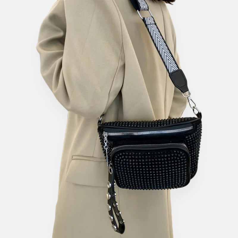 Sac banane cuir noir à bandoulière avec strass Bianca