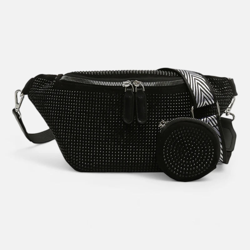 Sac banane cuir noir à bandoulière et porte-monnaie avec strass Renata