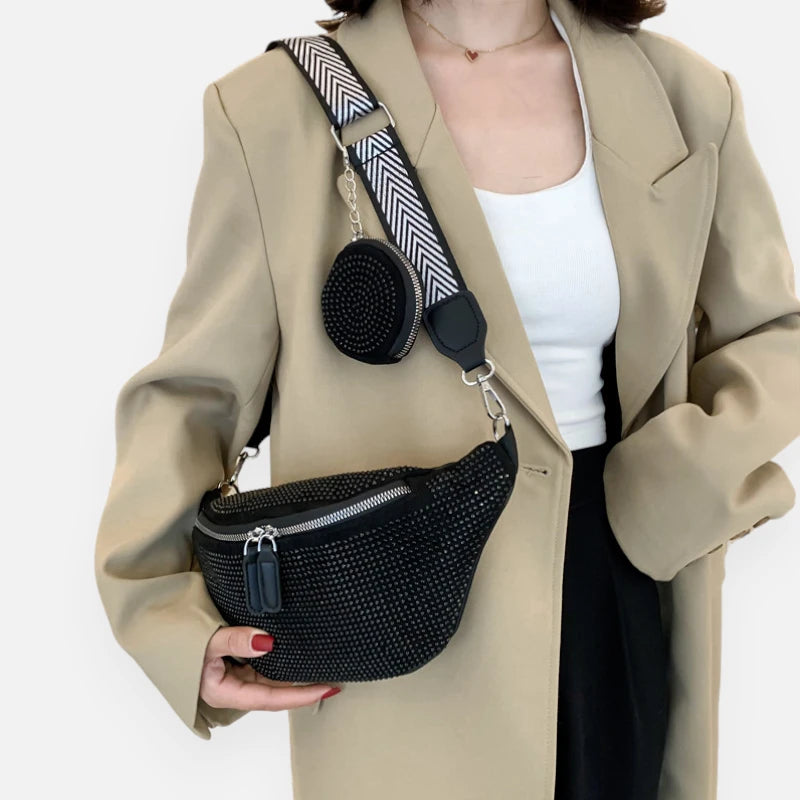 Sac banane cuir noir à bandoulière et porte-monnaie avec strass Renata