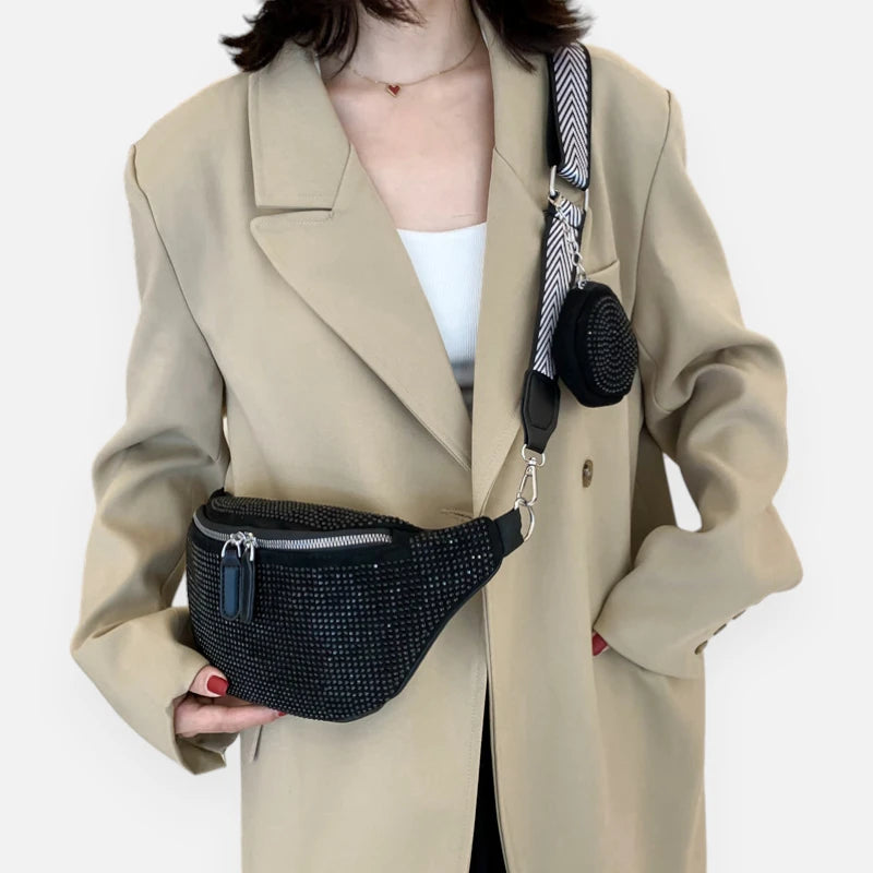 Sac banane cuir noir à bandoulière et porte-monnaie avec strass Renata