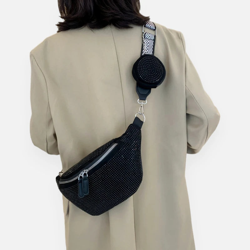 Sac banane cuir noir à bandoulière et porte-monnaie avec strass Renata