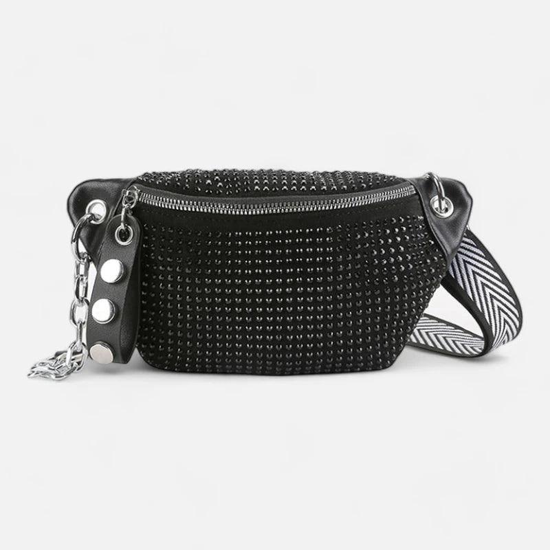 Sac banane cuir noir à bandoulière avec strass Yvonne