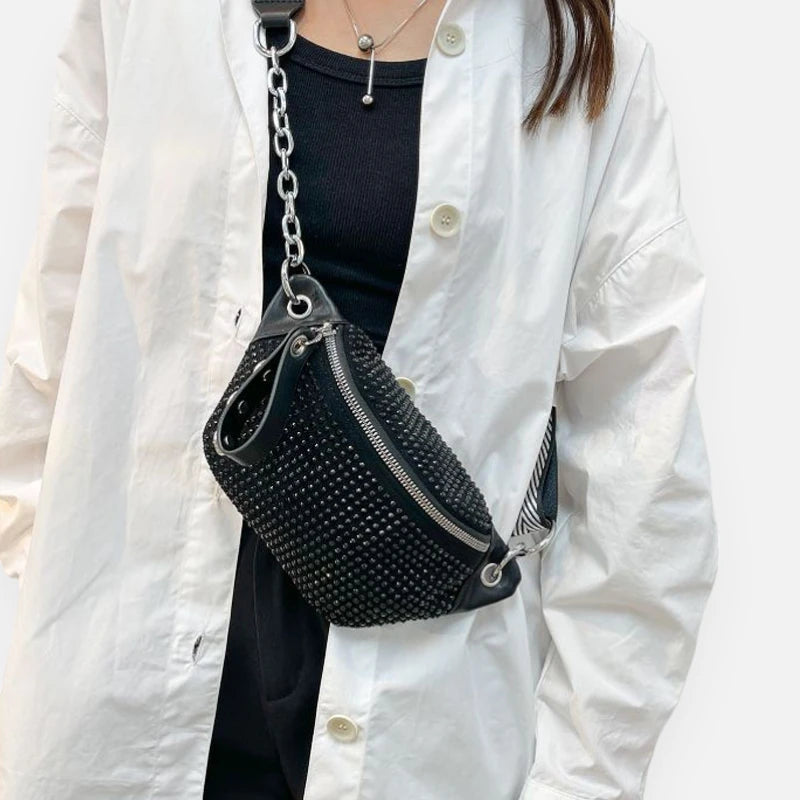 Sac banane cuir noir à bandoulière avec strass Yvonne