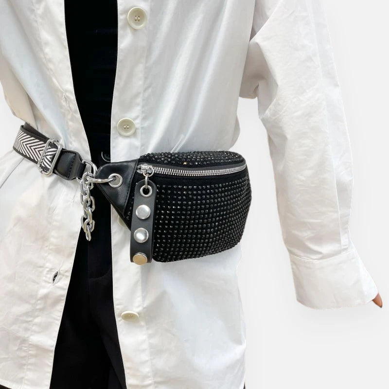 Sac banane cuir noir à bandoulière avec strass Yvonne