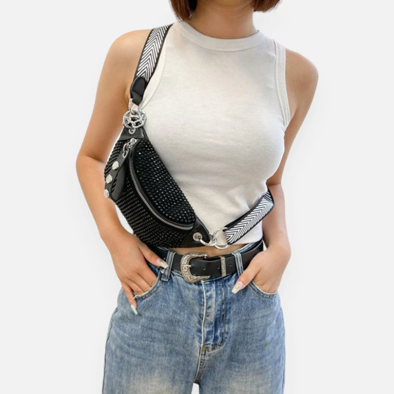 Sac banane cuir noir à bandoulière avec strass Yvonne