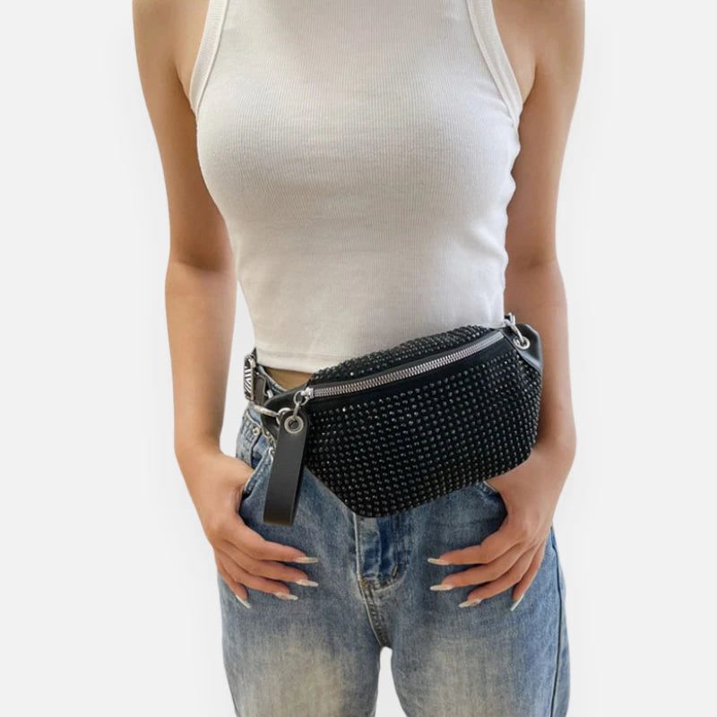 Sac banane cuir noir à bandoulière avec strass Yvonne