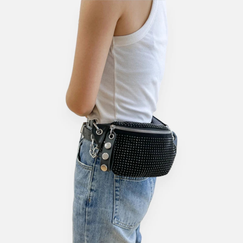 Sac banane cuir noir à bandoulière avec strass Yvonne