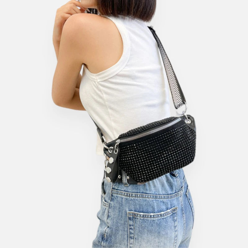 Sac banane cuir noir à bandoulière avec strass Yvonne