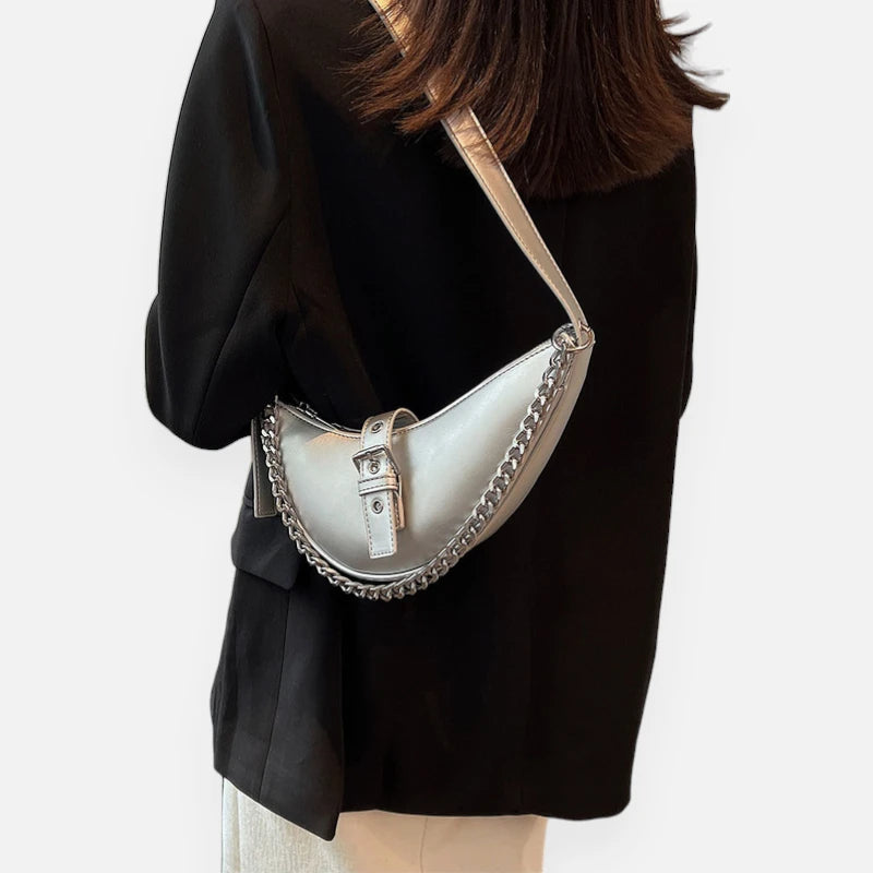 Sac à main banane demi-lune métallisé argenté Aline