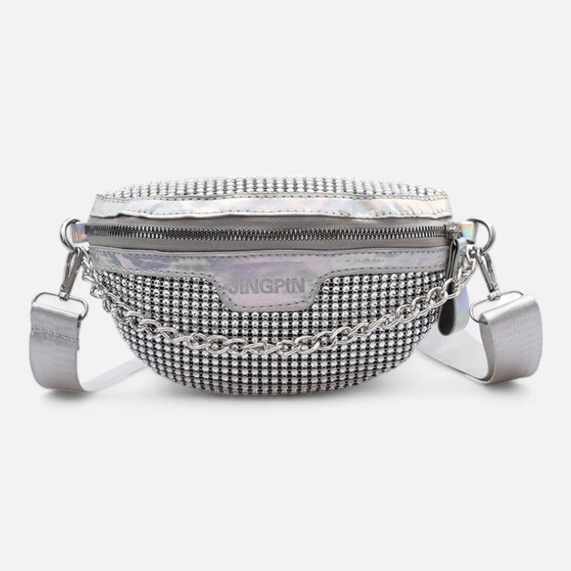 Sac banane cuir à bandoulière avec strass et chaîne argenté Naomi