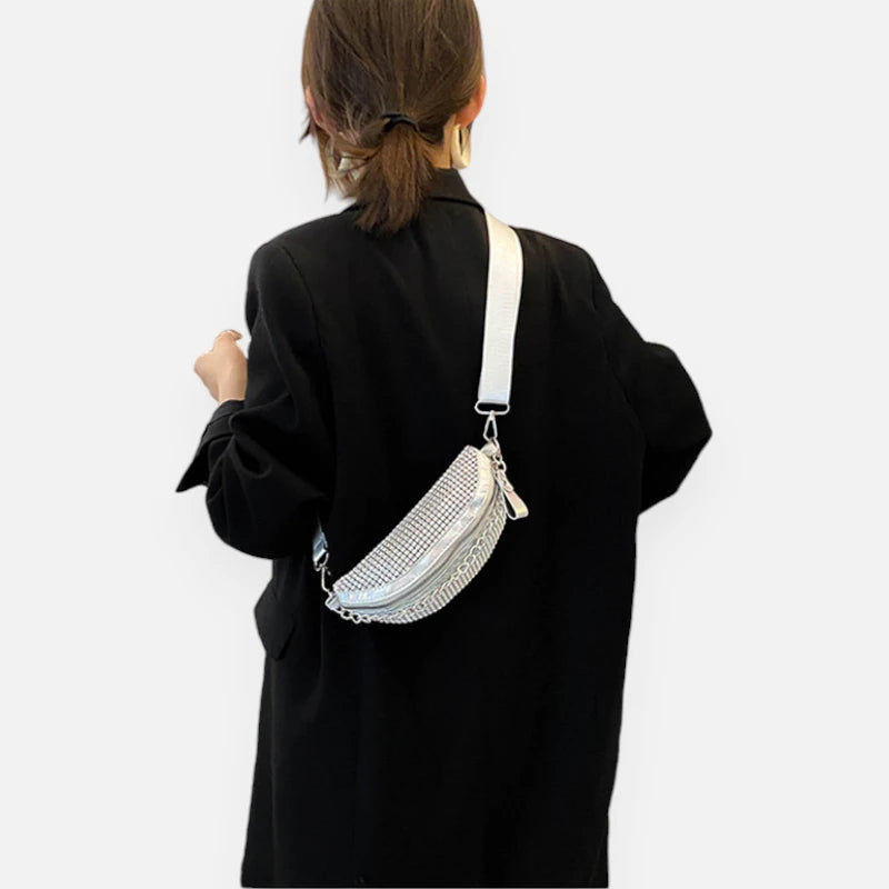 Sac banane cuir à bandoulière avec strass et chaîne argenté Naomi