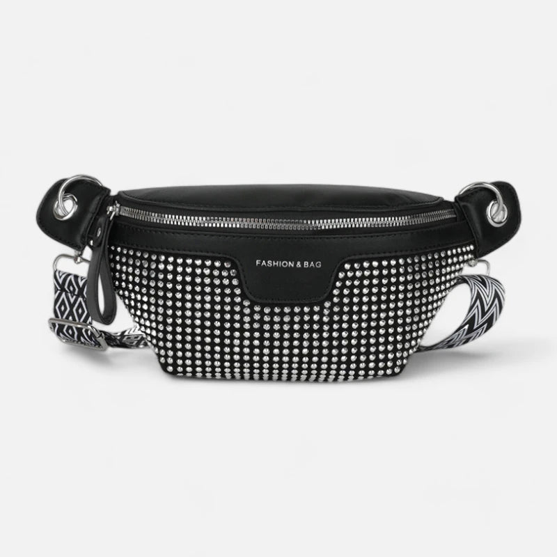 Sac banane cuir noir à bandoulière avec strass Elina