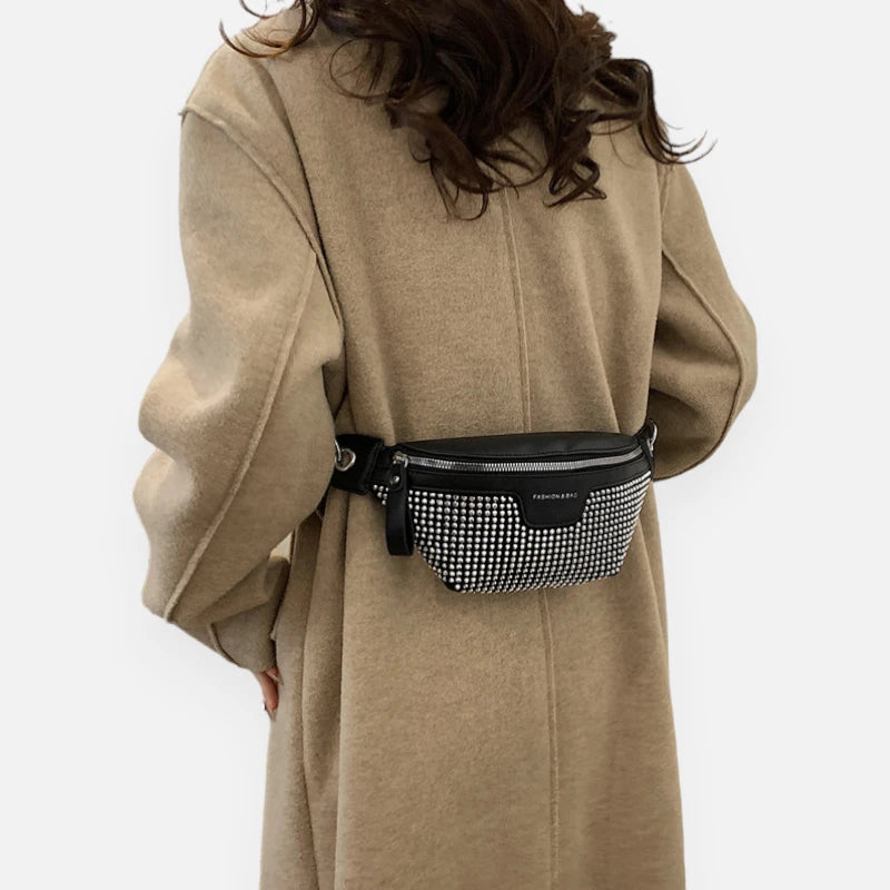 Sac banane cuir noir à bandoulière avec strass Elina