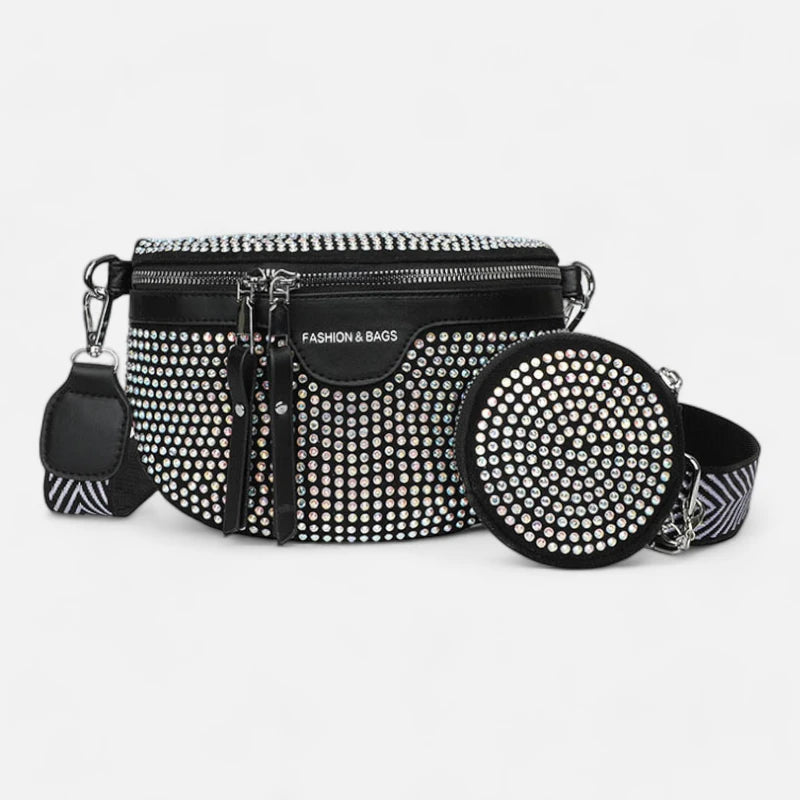 Sac banane cuir noir à bandoulière et porte-monnaie avec strass Léontine