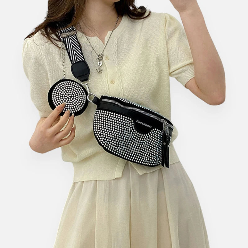 Sac banane cuir noir à bandoulière et porte-monnaie avec strass Léontine