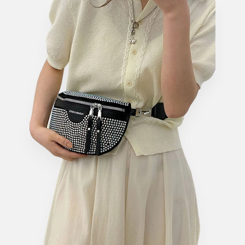 Sac banane cuir noir à bandoulière et porte-monnaie avec strass Léontine