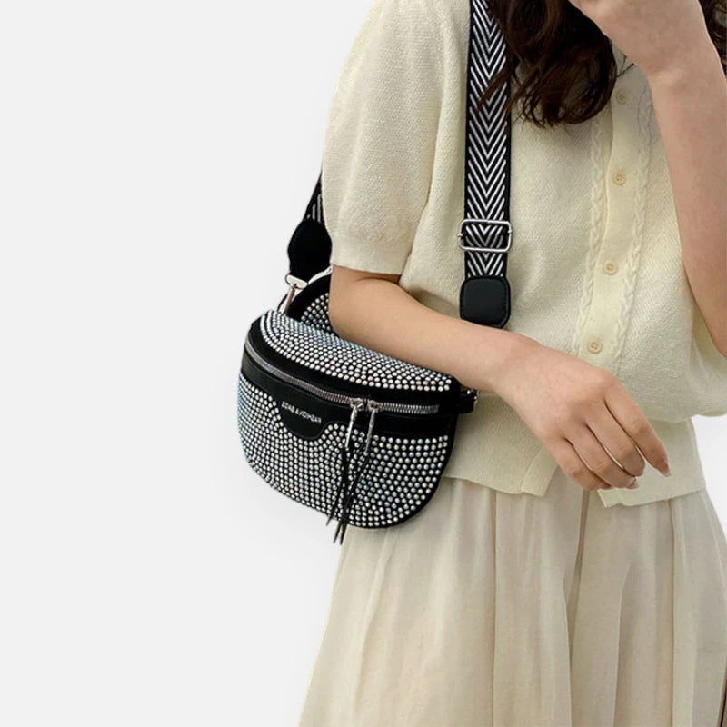 Sac banane cuir noir à bandoulière et porte-monnaie avec strass Léontine